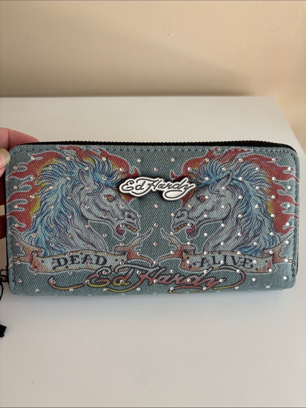 Ed Hardy Denim Zip Wallet with Multicolor Unicorns